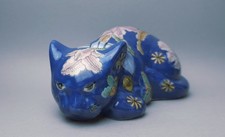 Sleeping Ceramic Cat  Blue Floral Painted Vintage  8.5" Figure