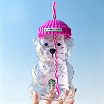 Starbucks Bearista Rose Red Bear Glass Tumbler Cold Cup w/ Straw 20oz 591ml