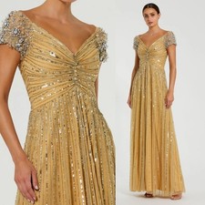 Luxury Gold Sequined Evening Gown With Embellished Shoulders Customized Dresses