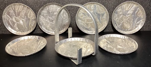 Vintage Hammered Aluminum TULIP COASTER SET of 7, w/ HOLDER