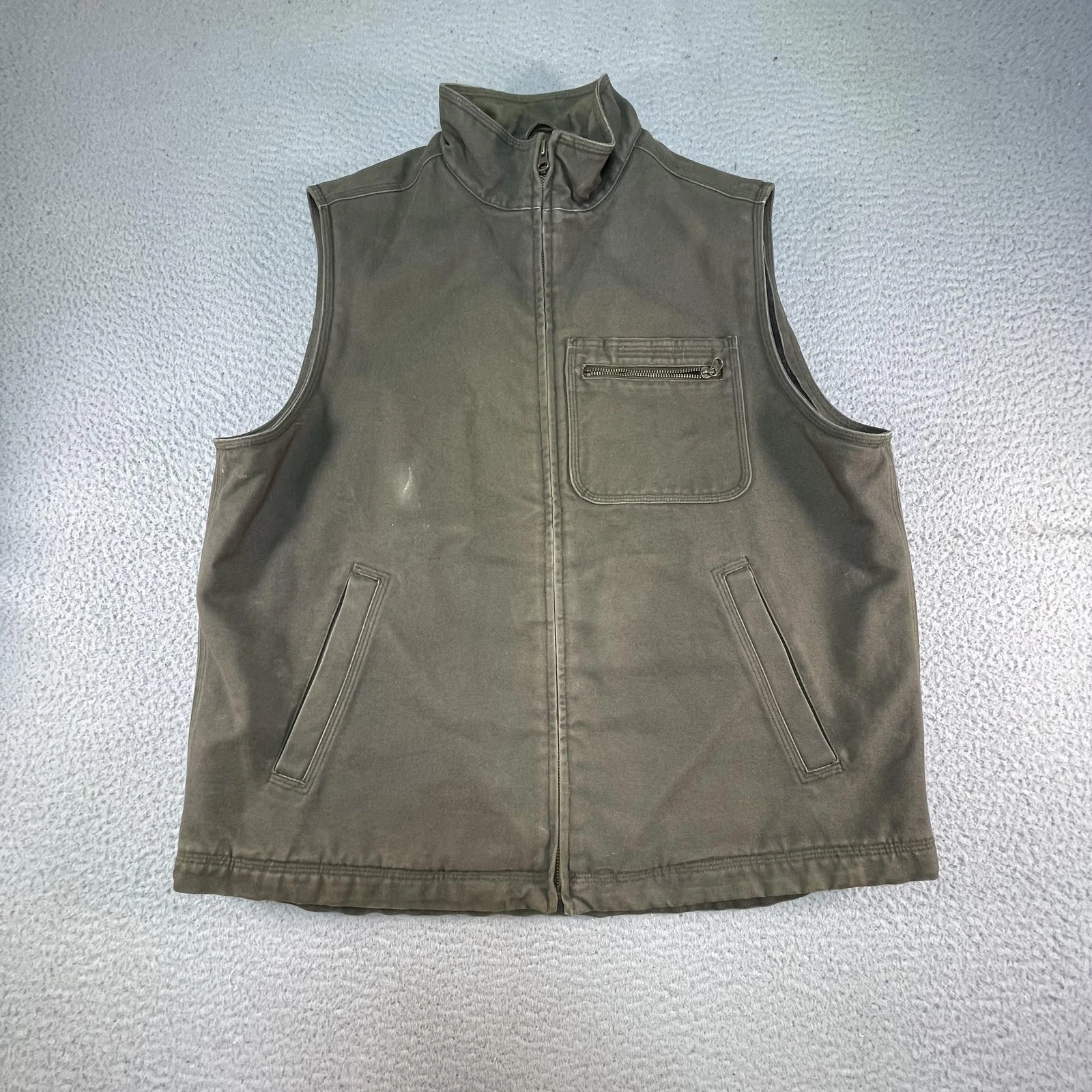 LL Bean Katahdin Iron Works Vest Mens Large Green Canvas Wool Lined Insulated