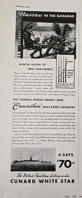1957 Cunard Carinthia Cruise ship Nassau Bahamas  vintage  ad