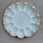 Vintage Milk Glass Deviled Egg Plate Gold Gilt Rim 12 Slots Scalloped Edge