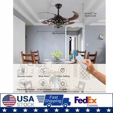 42" Tiffany Retractable Ceiling Fan & Remote + Light LED Dimmable Chandelier