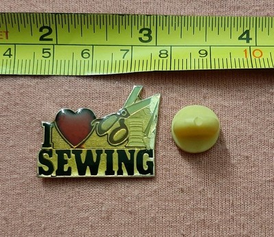 Vintage I Love Sewing Jacket Lapel Pin Heart Scissors Thread Needle