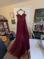 Burgundy Lace, Cold Shoulder, Prom Dress, Detachable train, Corseted Back