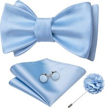 Mens Bow Tie Set with Lapel Pin Brooch Pink Silk Self Tie Baby Blue Soild a