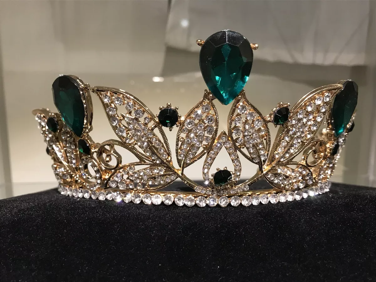 Pageant Wedding Crown Tiara Green Stones & Gold Color Crown