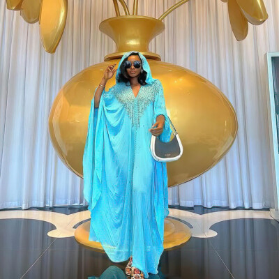 Hooded Kaftan African Women Chiffon Long Dress Set Evening