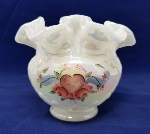 Fenton White Opalescent Iridescent Ruffle Top 3.75" Vase