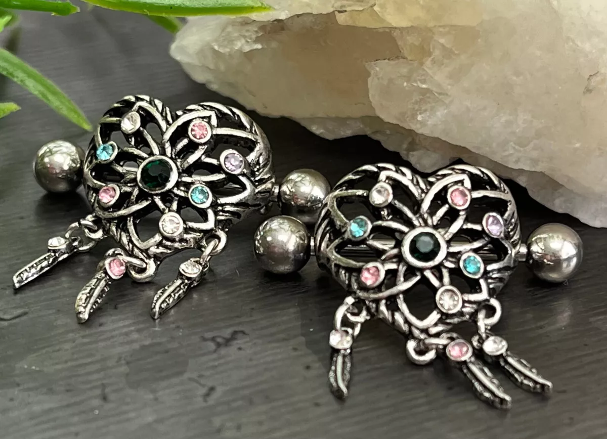 PAIR Dream Catcher Shield Nipple Rings Surgical Steel Barbells
