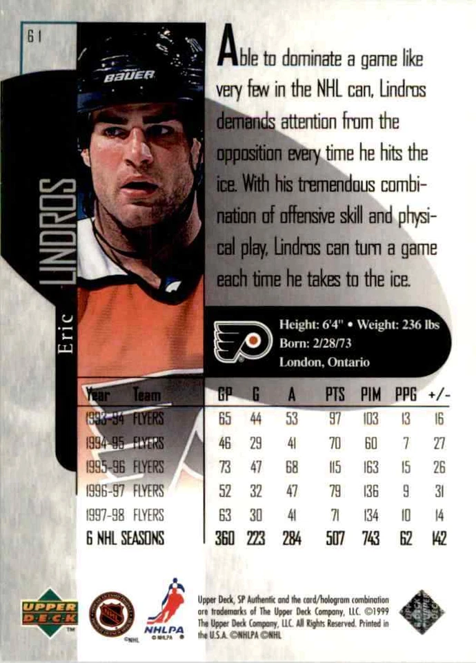 1998-99 Upper Deck SP Authentic Eric Lindros #61 - Image 2 of 2
