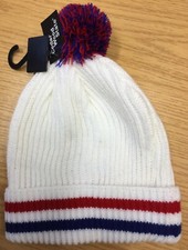 Mens White Bobble Hat with Red Bobble &  Red & Blue Stripe. One size