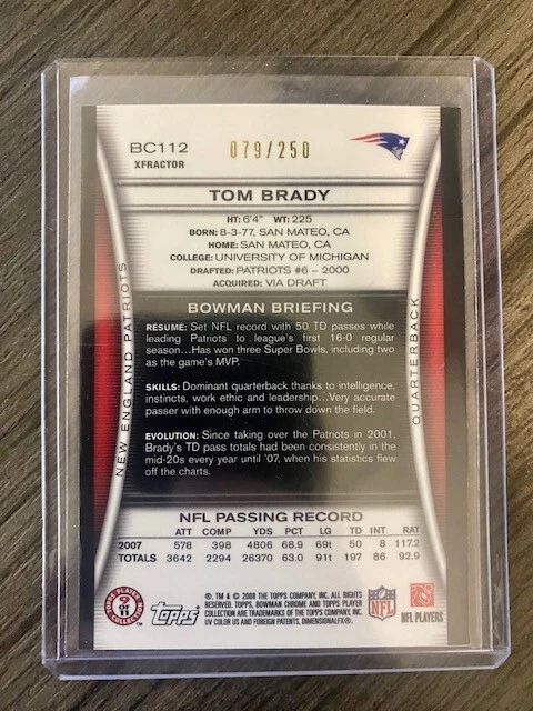 Tom Brady 2008 Topps Bowman Chrome #BC112 Refractor (Xfractor) 079/250 Patriots - Image 2 of 2