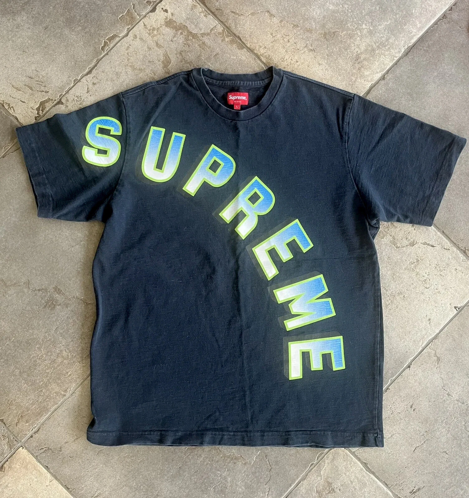 T shirt Supreme Gradiant Arc Top Spellout 2016 bleu marine vert taille grande