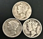 1937 PDS  Set of three Mercury Dimes 90% Silver  VG Very Good to Very Fine VF