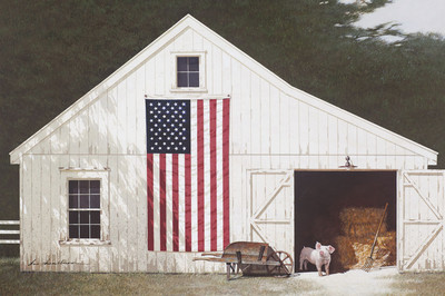 USA AMERICAN FLAG ART PRINT - Barn with Piglet by Zhen-Huan Lu Pig Poster 11x14