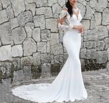 Mermaid Wedding Dresses Scoop Long Sleeves Illusion Back Applique Bridal Gowns