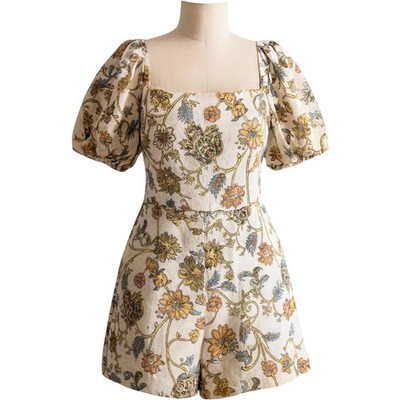 Calypso St. Barth Floral Linen Romper Women s Size 12   Boho Cottagecore Puff