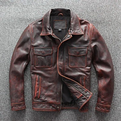 Men's Jackets Amekaji Genuine Leather Coat Mens Vintage Jacket