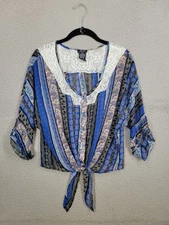 Blue Tie Front Top XL Justify Womens Blouse Chiffon Semi Sheer Striped Boho