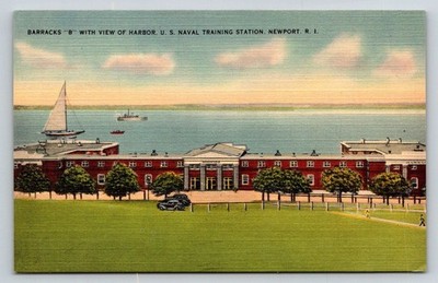 Newport RI Naval Training Station Barracks B Harbor View Postcard Vintage 1940s