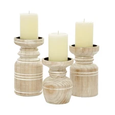 Wood Pillar Candle Holder with White Wash Finish, Set of 3 9", 8", 6"H, Brown