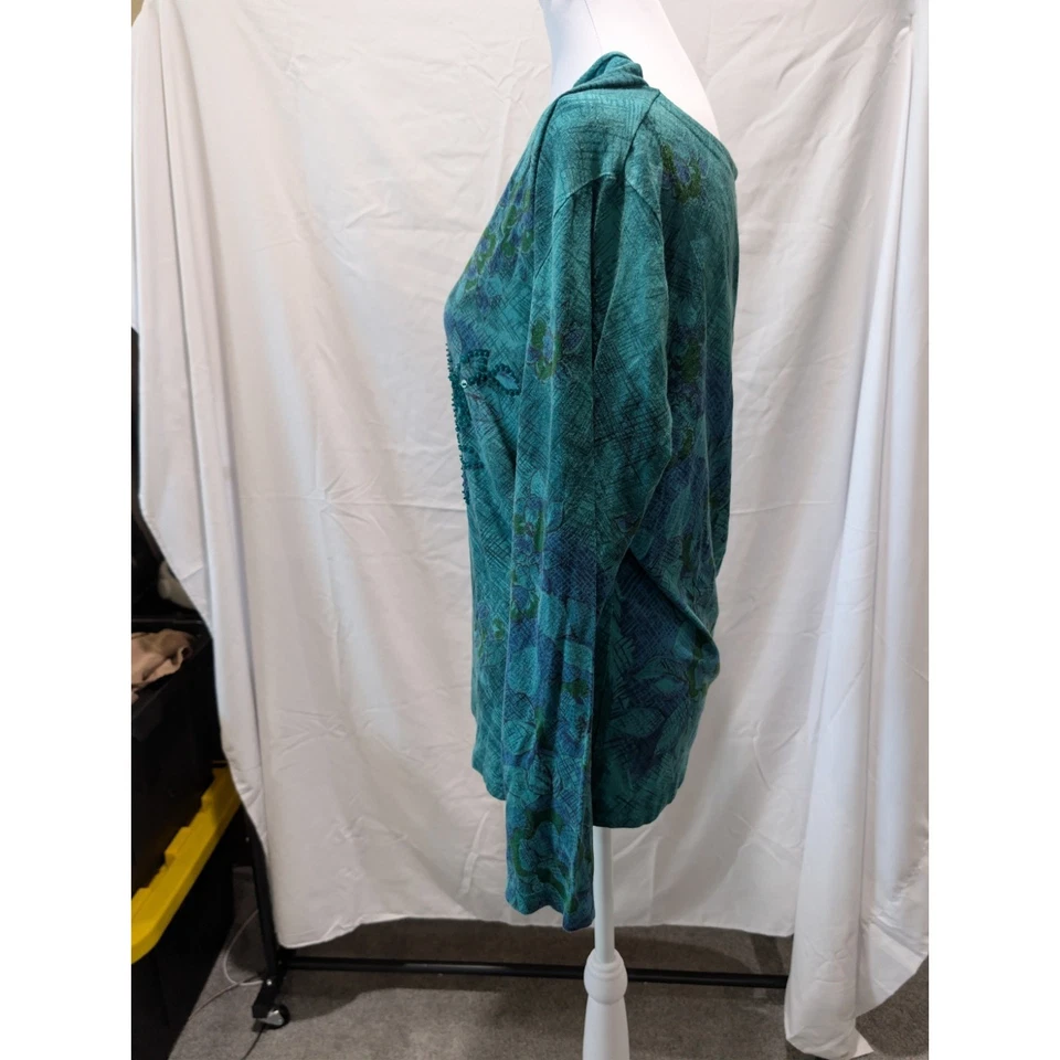 Coldwater Creek Sequin Top Size Small Green Blue Floral Print Boho Bloomcore - Image 4 of 4