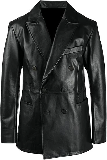 Men’s Genuine Leather Blazer Jacket – Double Breasted Black Coat