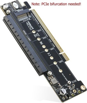 Dual NVMe PCIe Adapter, PCIe 4.0 X16 to Dual NVMe and 1x PCIe x16 (x8 Signal)