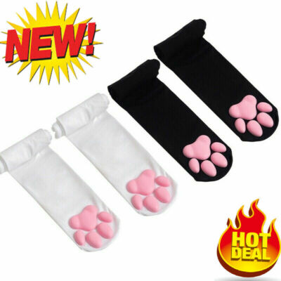 Women 3D Cat Paw Socks Thigh High Stockings Pink Cute Cat Paw Pad Socks