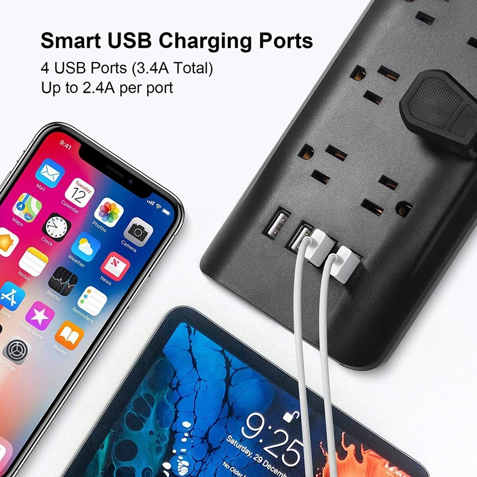 10 Outlet Surge Protector Power Strip with 4 USB Charging Port Black - Image 2 of 4