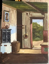 Oil painting Interior Historical Building Parlor Fireplace Stove Old