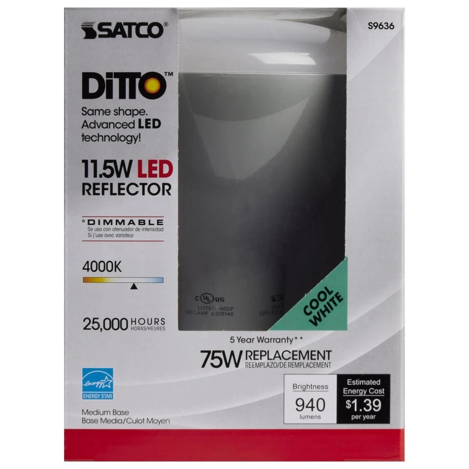 Satco S9636 - 11.5 Watt LED BR40 Dimmable Bulb - 4000K - 120 Volt (6 pack) - Image 2 of 4