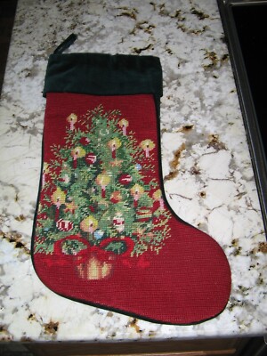 Vintage Wool Needlepoint Christmas Stocking - Christmas Tree Gifts Candles 17 ''
