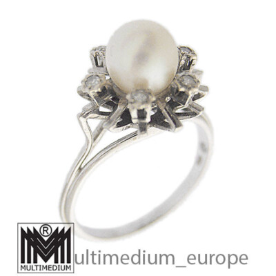 585 Weißgold Ring Perle Diamanten Vintage white gold ring diamonds pearls 14k