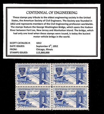 1952 - CENTENNIAL of ENGINEERING - Block of Four Vintage U.S. Postage ...