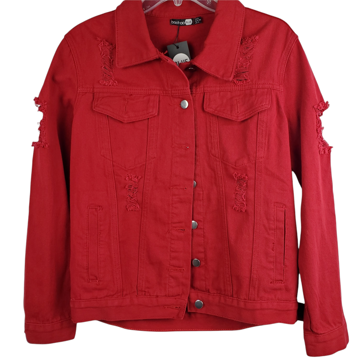 Boooo Womens Sully Distressed Oversize Denim Red Ripped Jeans Jacket Size