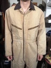 Vintage 80s Big Smith Coveralls Beige Brown Corduroy Collar Workwear Made In USA