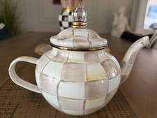 NEW MACKENZIE CHILDS ENAMEL MOCHA CHECK 4 CUP TEAPOT