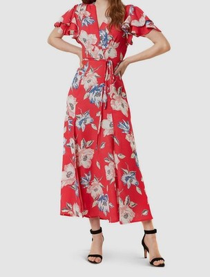 French Connection Women's Pink V-Neck Floral-Print Maxi Wrap Dress Size 6