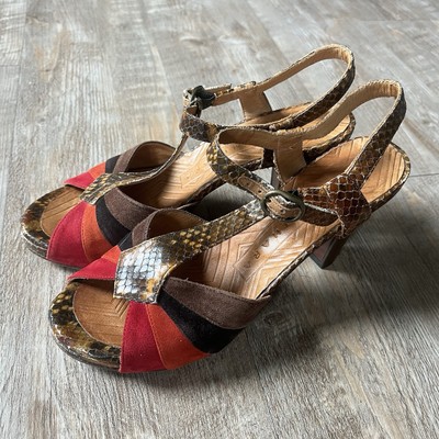 Chie Mihara Pumps Snake Print Peep Toe T-Strap Heels Suede Womens Size 37 Shoes