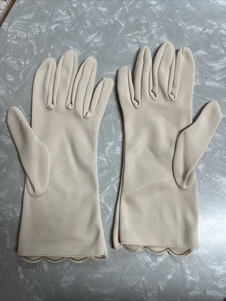 De Colección Par Guantes Beige Mezcla Algodón Hasta la Muñeca Festoneados Boda Formales Talla S/M Foto 2 de 4
