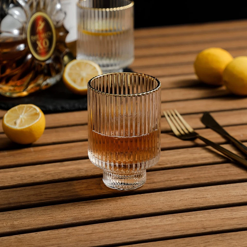 Tiara Optic Swirl Bedside 6 Tumblers 11.5 oz. Gold Rim Bedside Water Carafe w... - Image 3 of 4