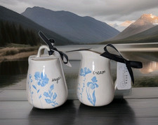 Rae Dunn Cream and Sugar Set Blue Floral on Cream Ceramic Farmhouse Elegance NEW