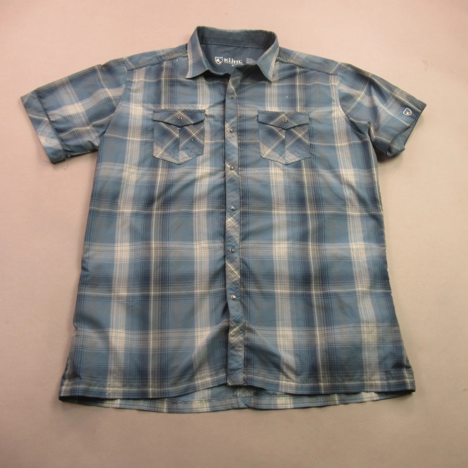 Kuhl Shirt Mens Medium Short Sleeve Snap Front Lightweight Pockets Plaid Blue