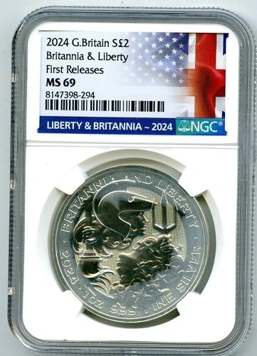 2024 GREAT BRITAIN 1OZ SILVER NGC MS69 BRITANNIA & LIBERTY FR - HEAVY WHITE HAZE