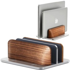 Vertical Laptop Stand set Walnut Wood Dual Holder Adjustable Silver