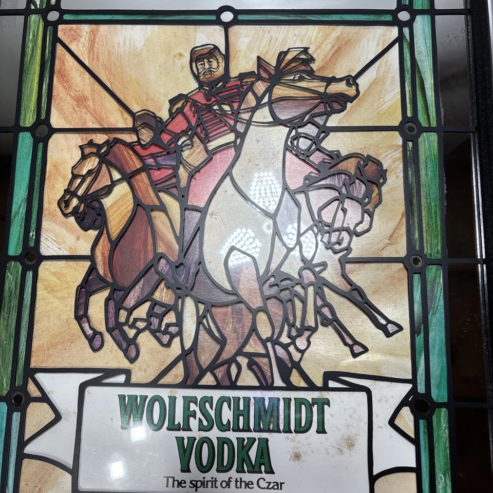 Framed Wolf Schmidt Vodka Stain Glass LOOK !! Working Clock Mirror. - Image 3 of 4