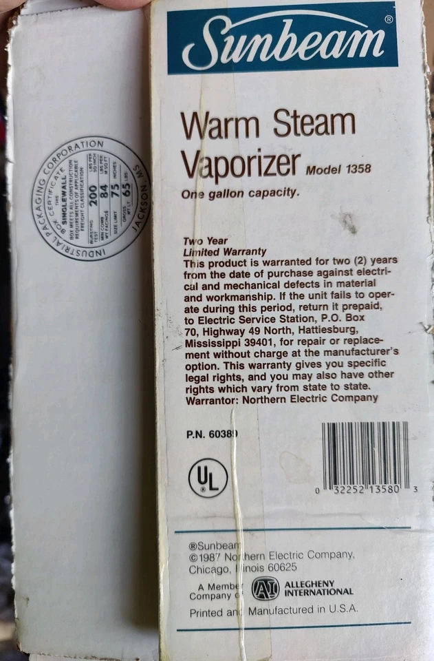 Vintage Sunbeam Warm Steam Vaporizer Humidifier Model 1358 - Image 4 of 4